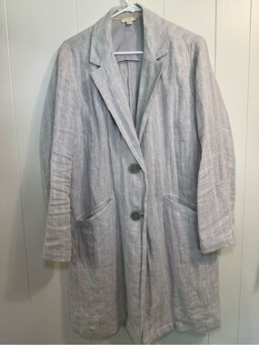 J. Jill Light Gray Striped Linen Woman’s M Trench Coat Coastal, Quiet Luxury